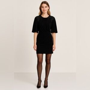 Vintage Erez black suede mini dress w flared short sleeves. Beaded sequined. 6